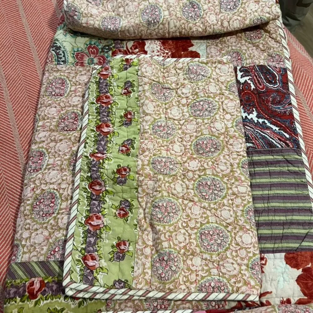POTTERY BARN Quilt Cranberry Red Pink Patchwork Floral Reversible Stripe Queen