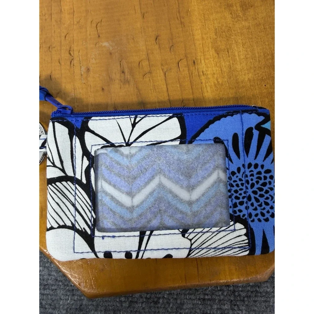 Vera Bradley Zip‎ ID Case Blue Black Floral Print Key Ring Wallet Coin Purse