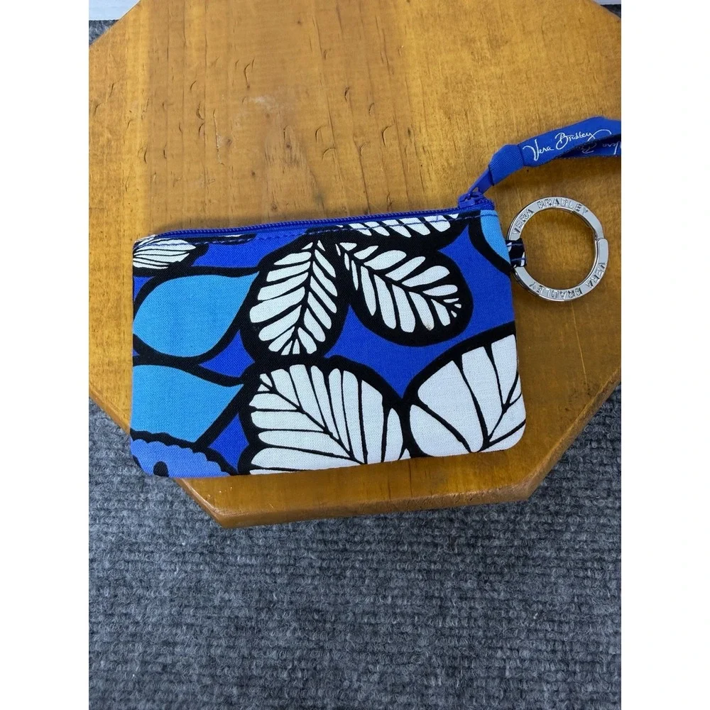 Vera Bradley Zip‎ ID Case Blue Black Floral Print Key Ring Wallet Coin Purse