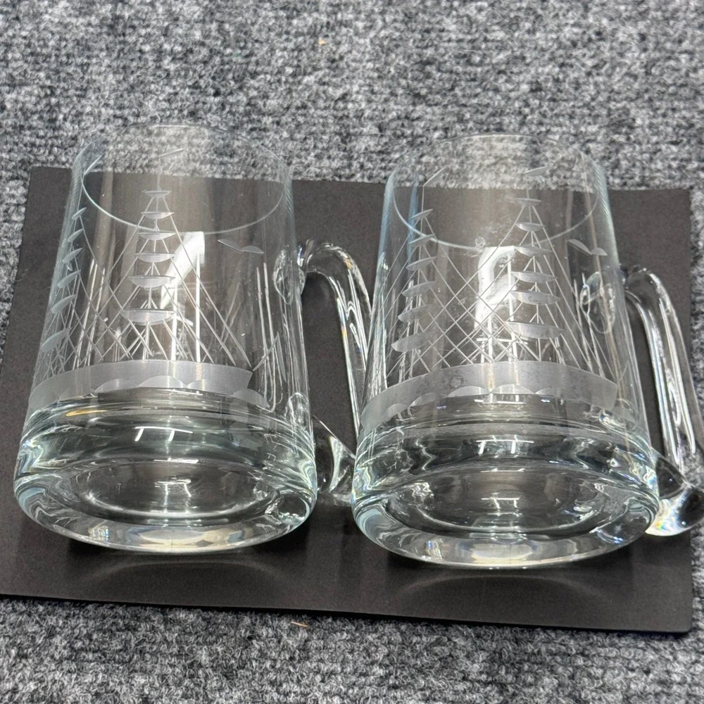 Unbranded Etched Glass Ship Beer Mugs Set of 2 Clear Nautical Sailing Coastal