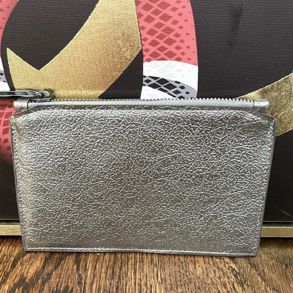 NWOT HALSTON Silver Textured Pepple Leather Zip Pouch