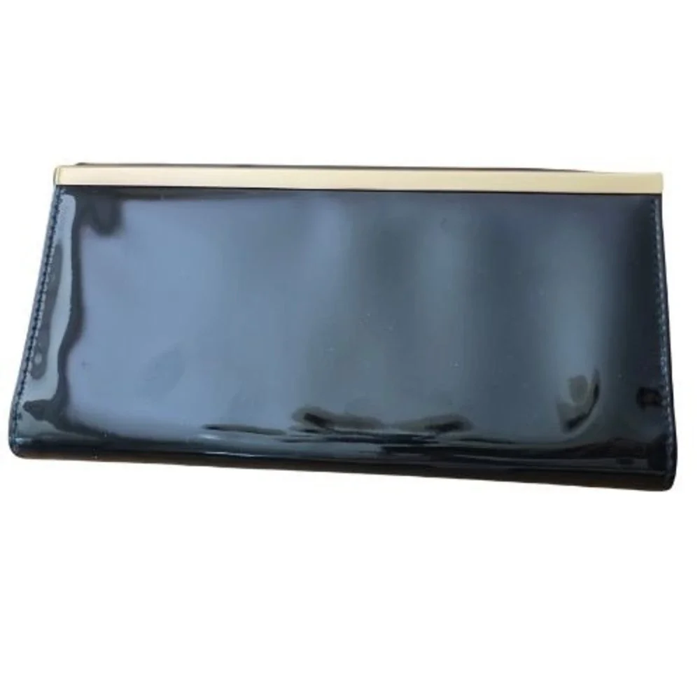 Black Patent Faux Leather Clutch Bag Gold Tone Metal Bar Trim Evening Handbag