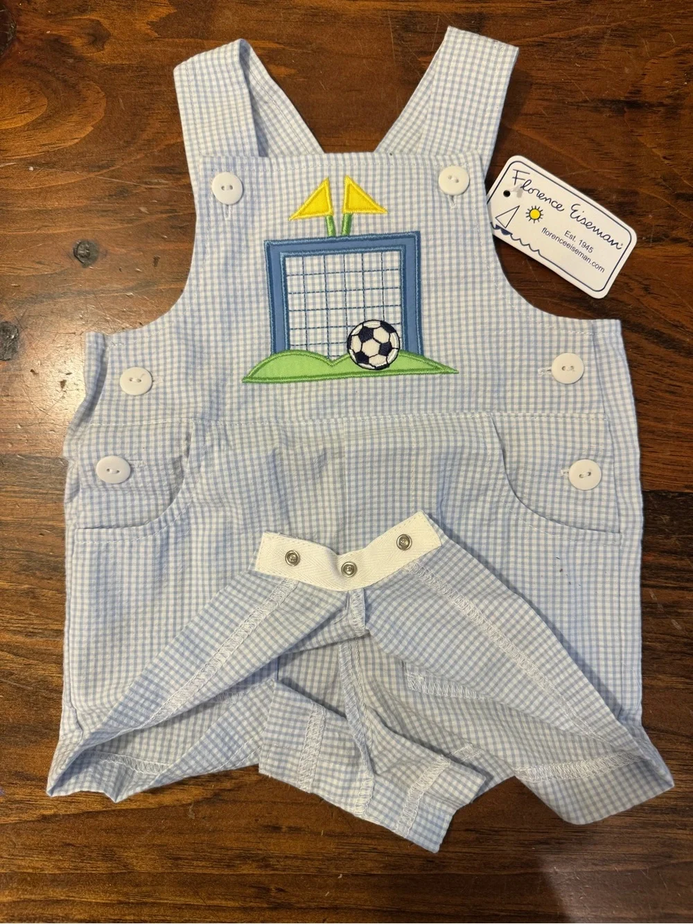 NWT Florence Eiseman Light Blue Seersucker Soccer Applique Shortall 3 Month
