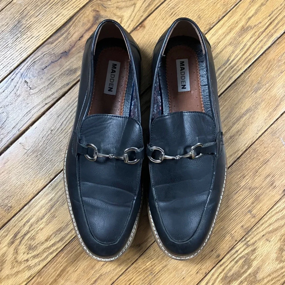 Madden Mens Black Leather Bit Loafer Lug Sole Dress‎ Shoes Size 11