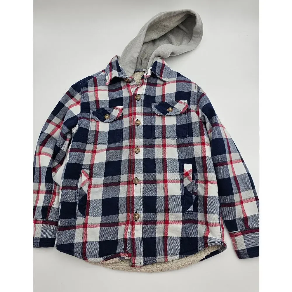 GapKids Boy's Size 6-7 Plaid Hooded Button-down Jacket with Fleece Lining