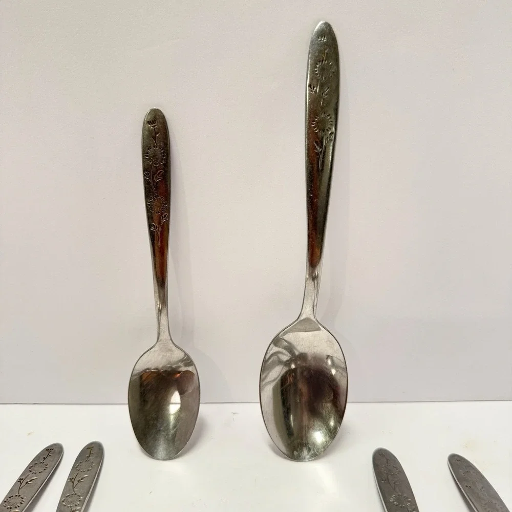 7 Flatware Sears Roebuck Wood Dale Stainless Sunflower 4 Tablespoons 3 Teaspoons