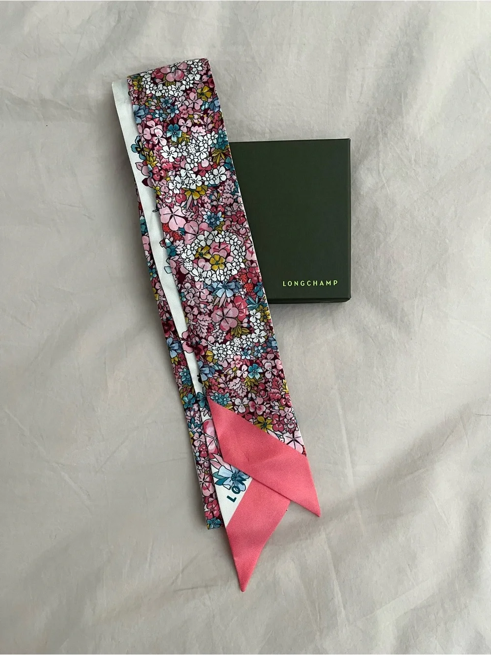 Longchamp Pink Multicolor Floral Silk Twilly Scarf