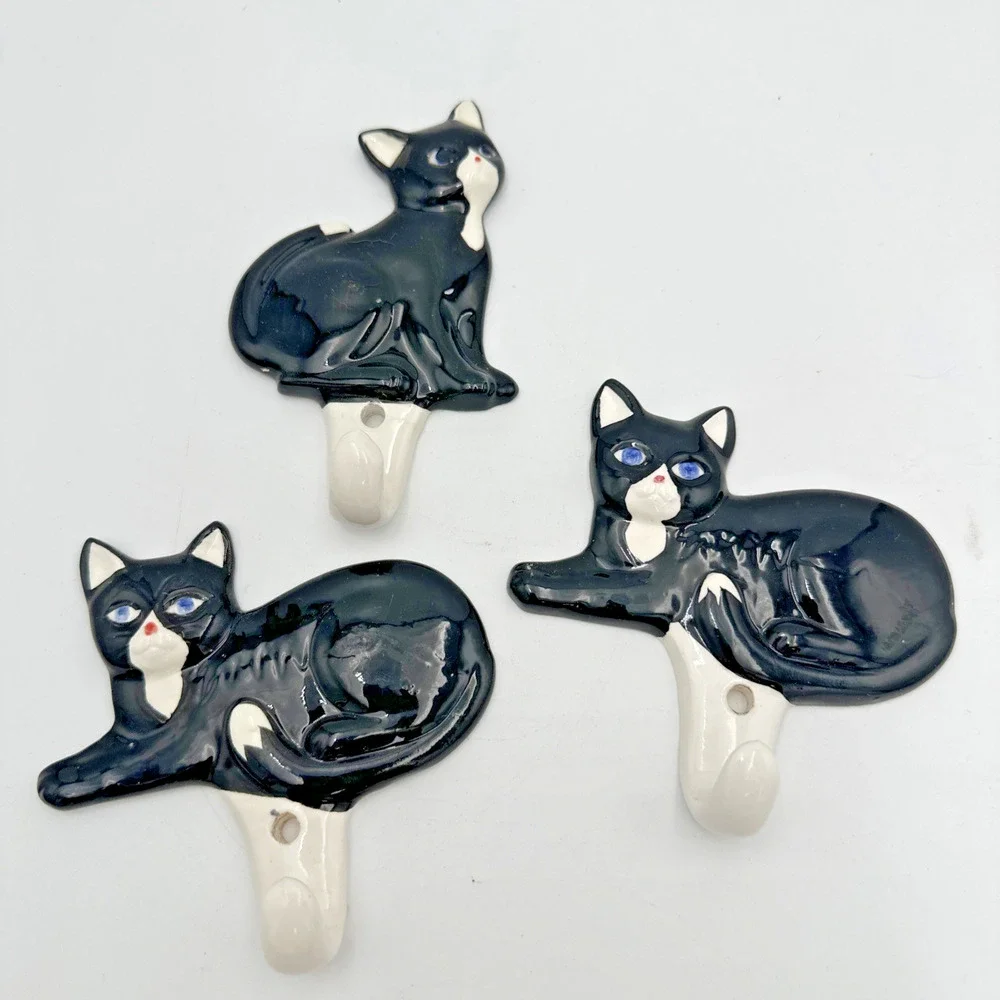 Set Of 3 Vintage Takahashi Ceramic Tuxedo Cats Wall Hooks Japan