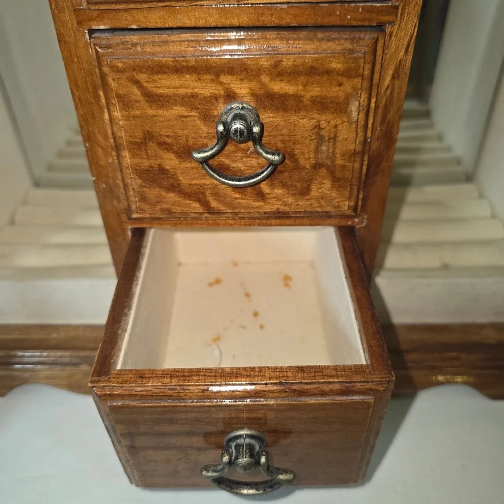 Vtg Wooden Jewelry Armoire Box 5 Drawers Etched Glass Doors Necklace Carousel