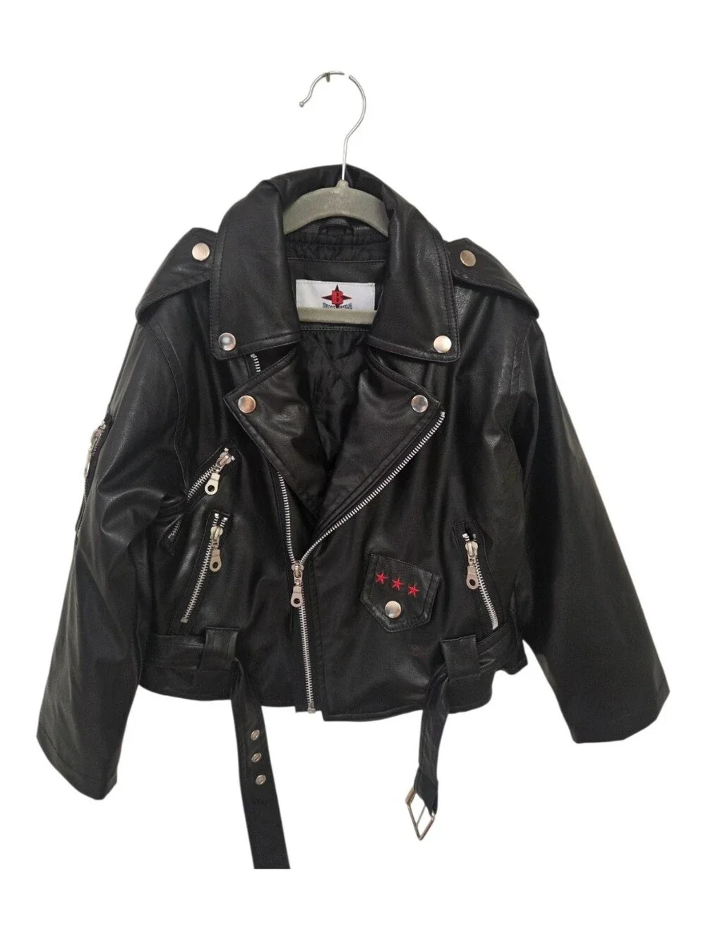 Bike Star Black Faux Leather Kids Biker Jacket With USA Themed Embroidery.