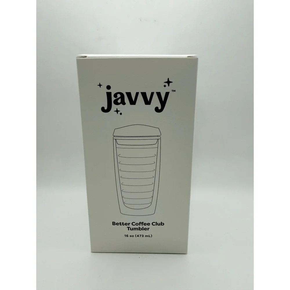 Javvy Better‎ Coffee Club Tumbler 16oz Double Wall Insulated Clear Black Lid NEW