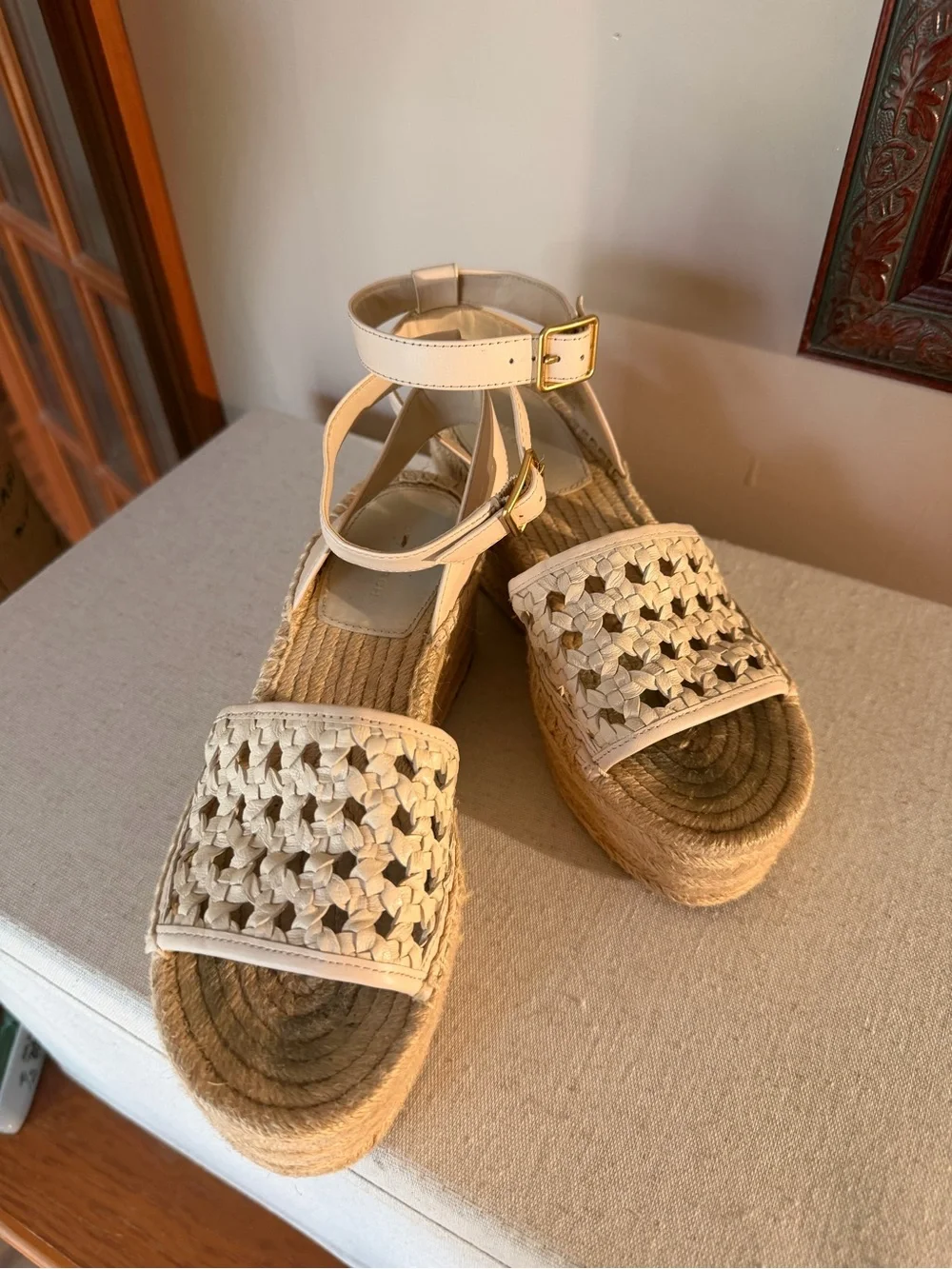 Tory Burch Cream Woven Espadrille Platform Sandals with Ankle Straps