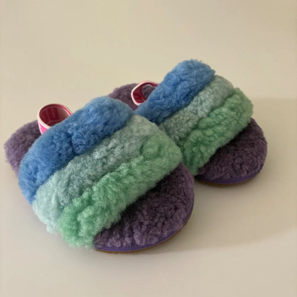 UGG Toddler Size 6 Fluff Yeah Slide Kids Multi-Color Striped Sheepskin Slippers