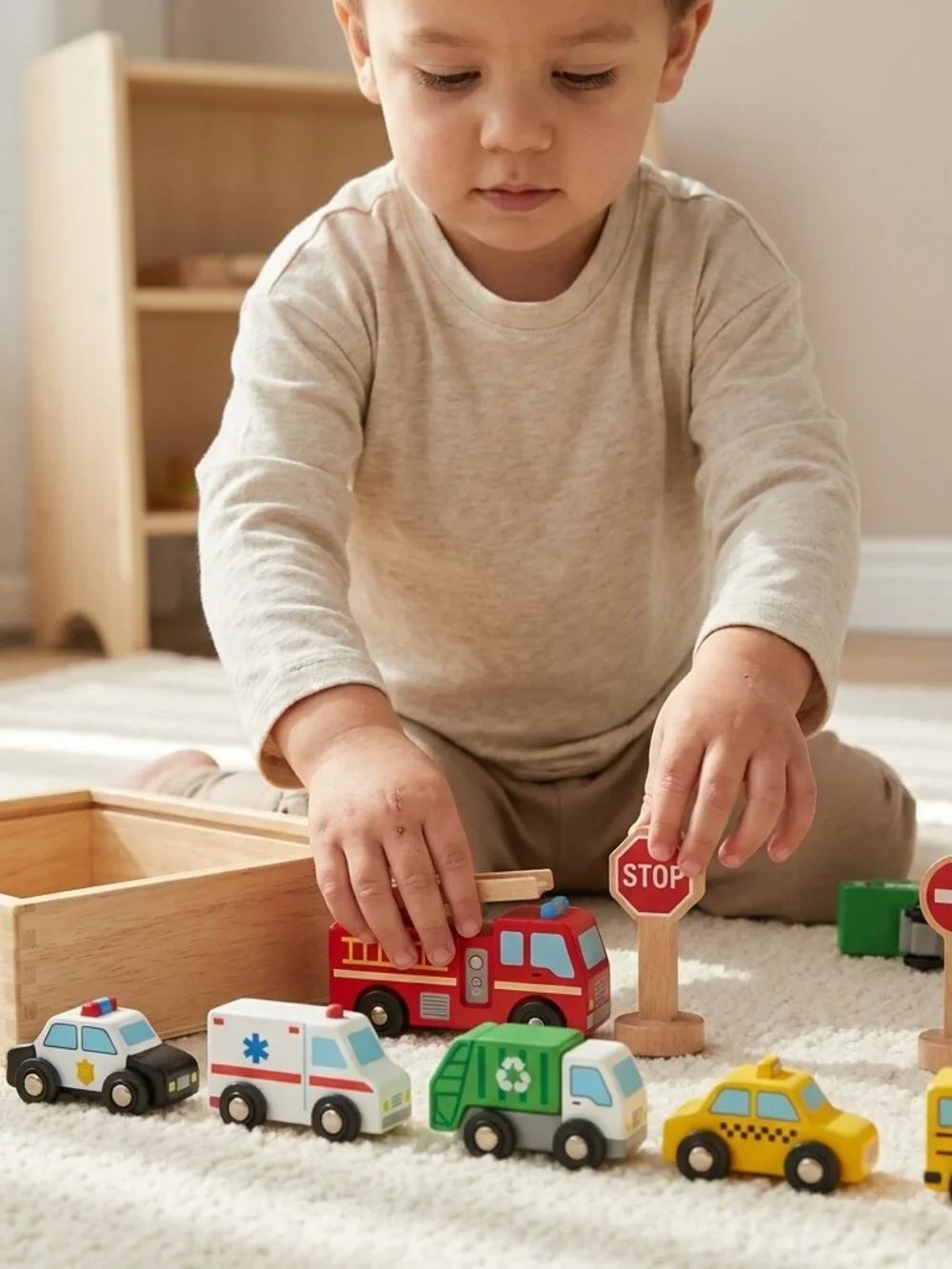 Montessori Wooden Transportation Vehicles & Road Signs Toy Set New