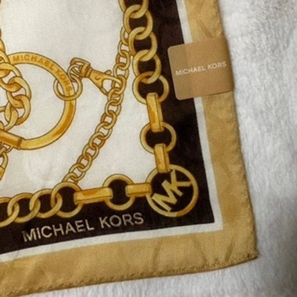 Vtg MICHAEL KORS Scarf Handkerchief Chain Link Cotton White Brown 20