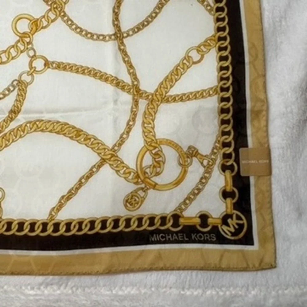 Vtg MICHAEL KORS Scarf Handkerchief Chain Link Cotton White Brown 20