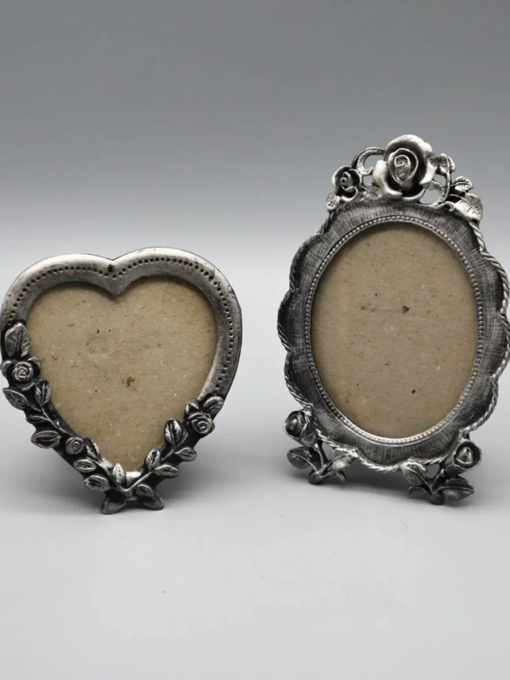 Set of 2 Small Pewter Picture Frames Floral Rose Design Oval & Heart Cottagecore