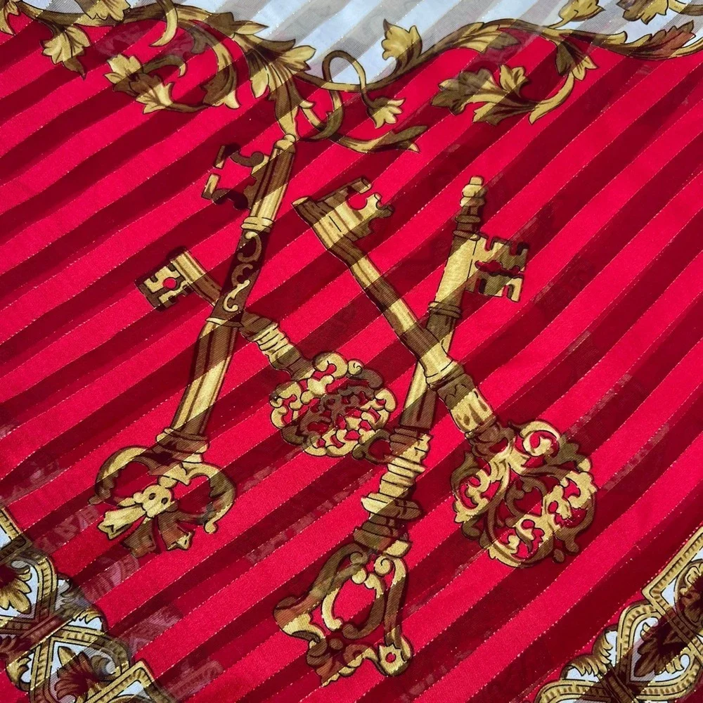 Vintage Liz Claiborne Scarf Sheer Stripe Red Gold Skeleton‎ Keys Script Baroque