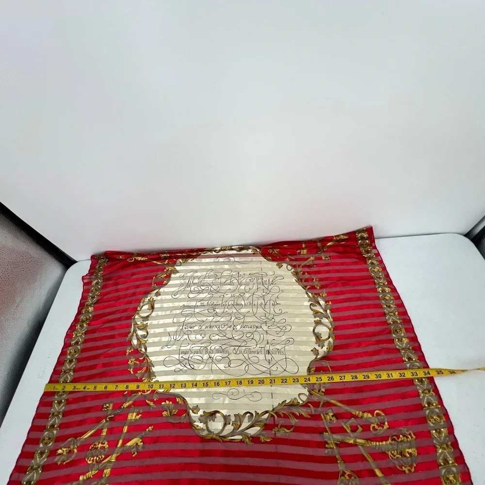 Vintage Liz Claiborne Scarf Sheer Stripe Red Gold Skeleton‎ Keys Script Baroque
