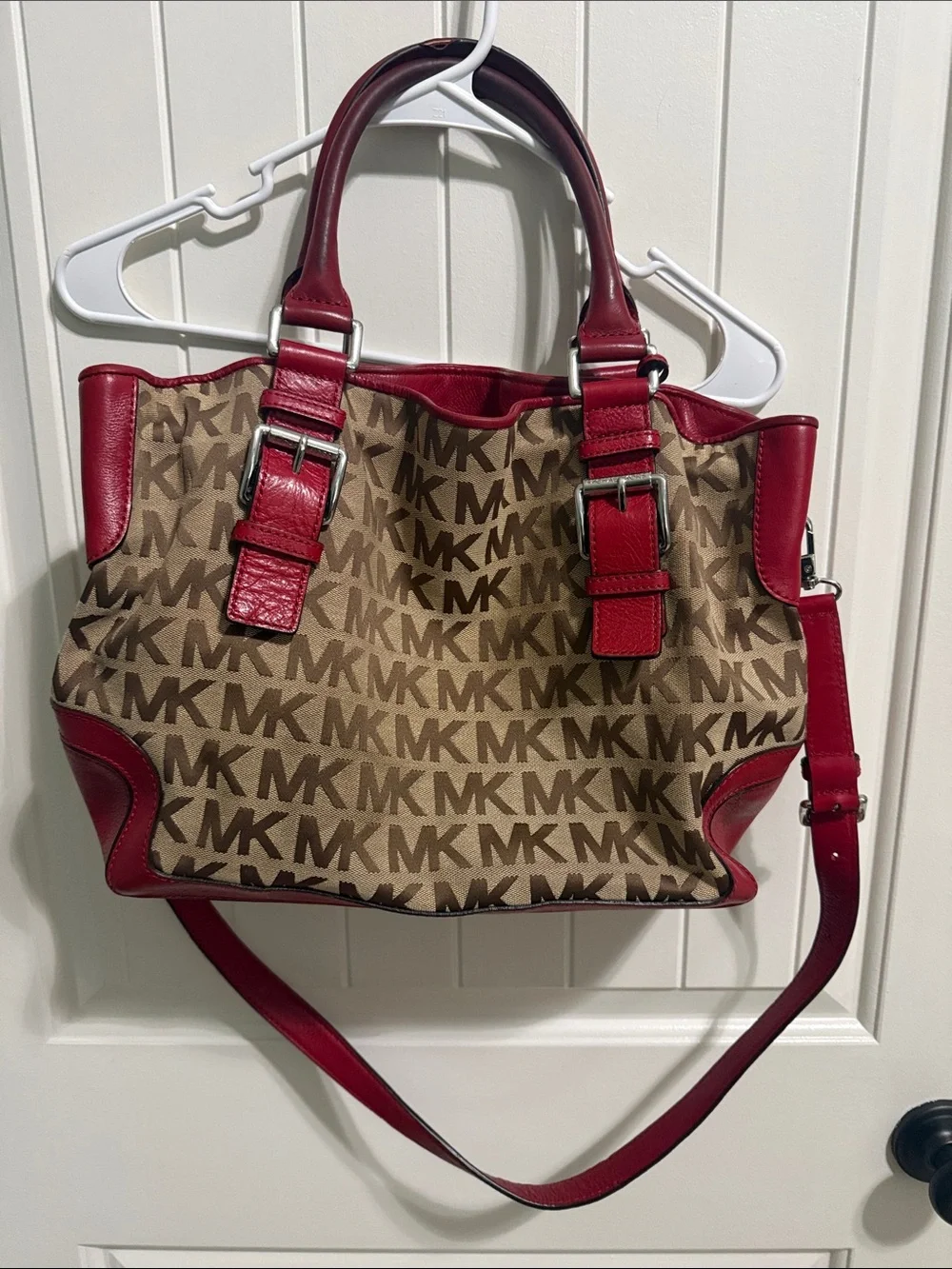 Michael Kors Brown Signature MK Tote with Red Trim