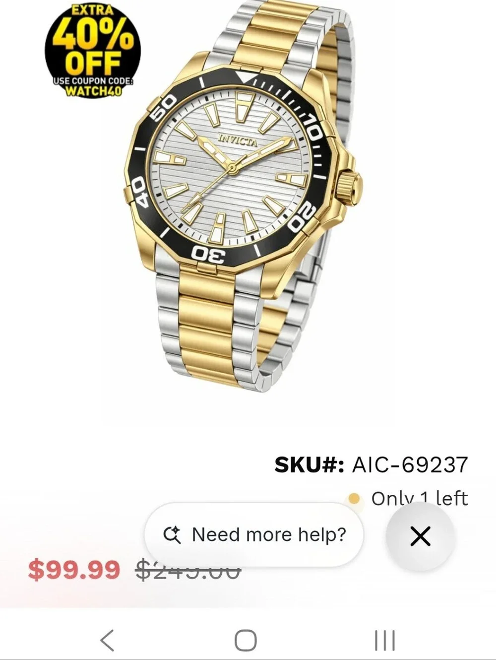 328.  Invicta Pro Diver Men's Watch 46mm, Gold, Steel (69237)