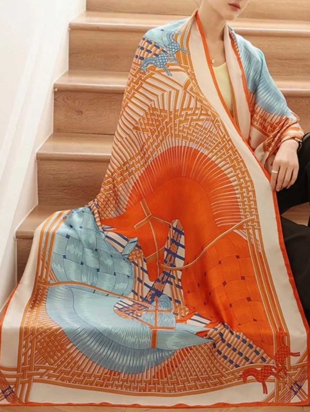 Elegant Orange & Light Blue Equestrian Pattern Silk-Feel Wrap