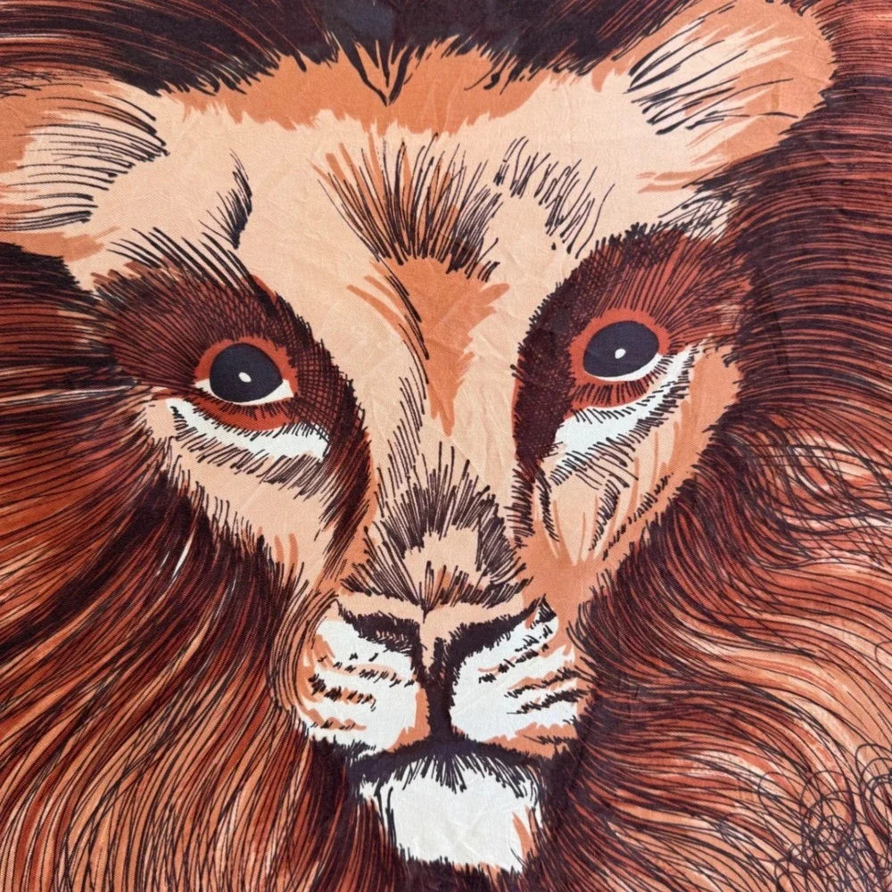 Vintage Glentex Lion Head Scarf Made in Japan Brown Satin Square Safari 26