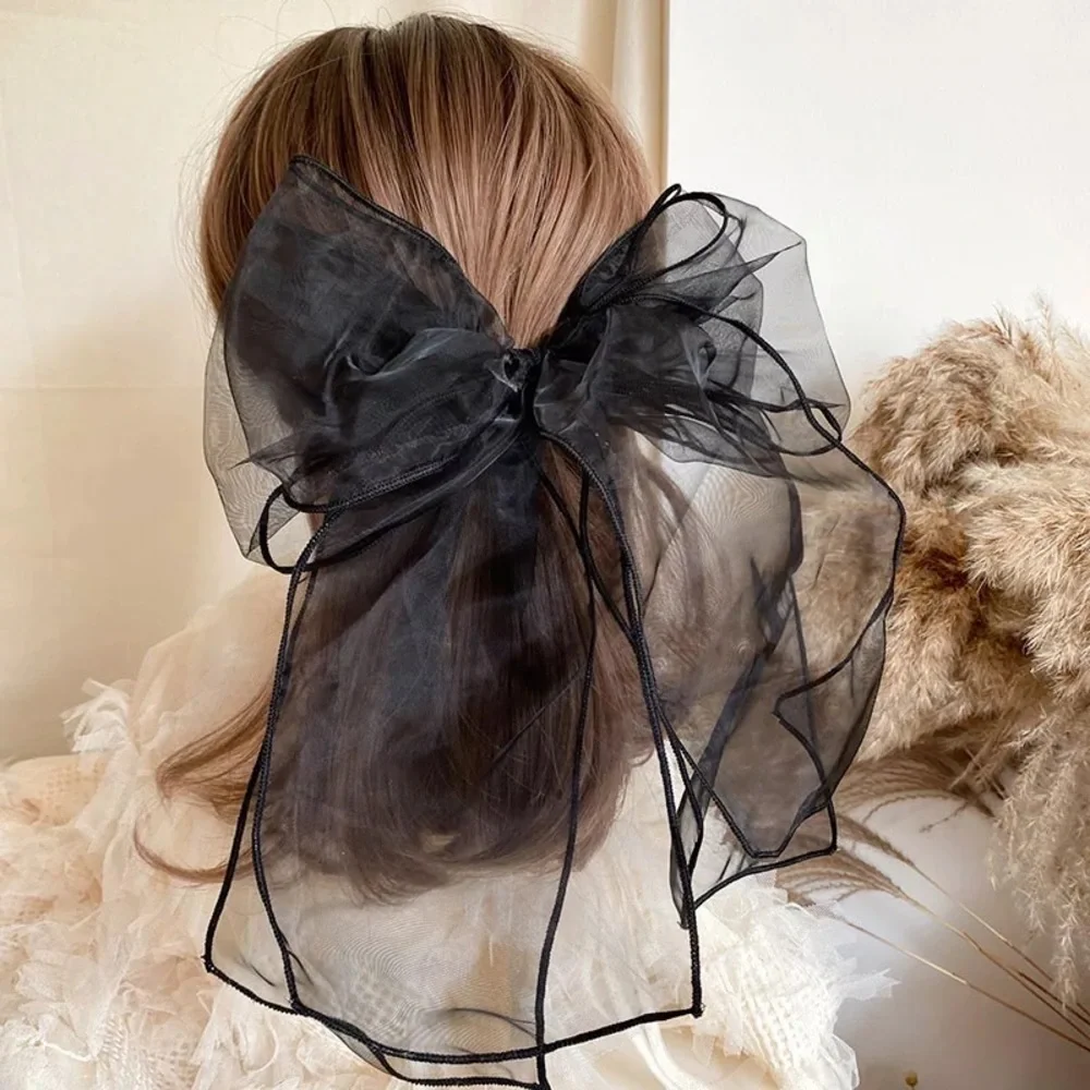 Oversized Blue Tule Bow French Barrette Hair Clip