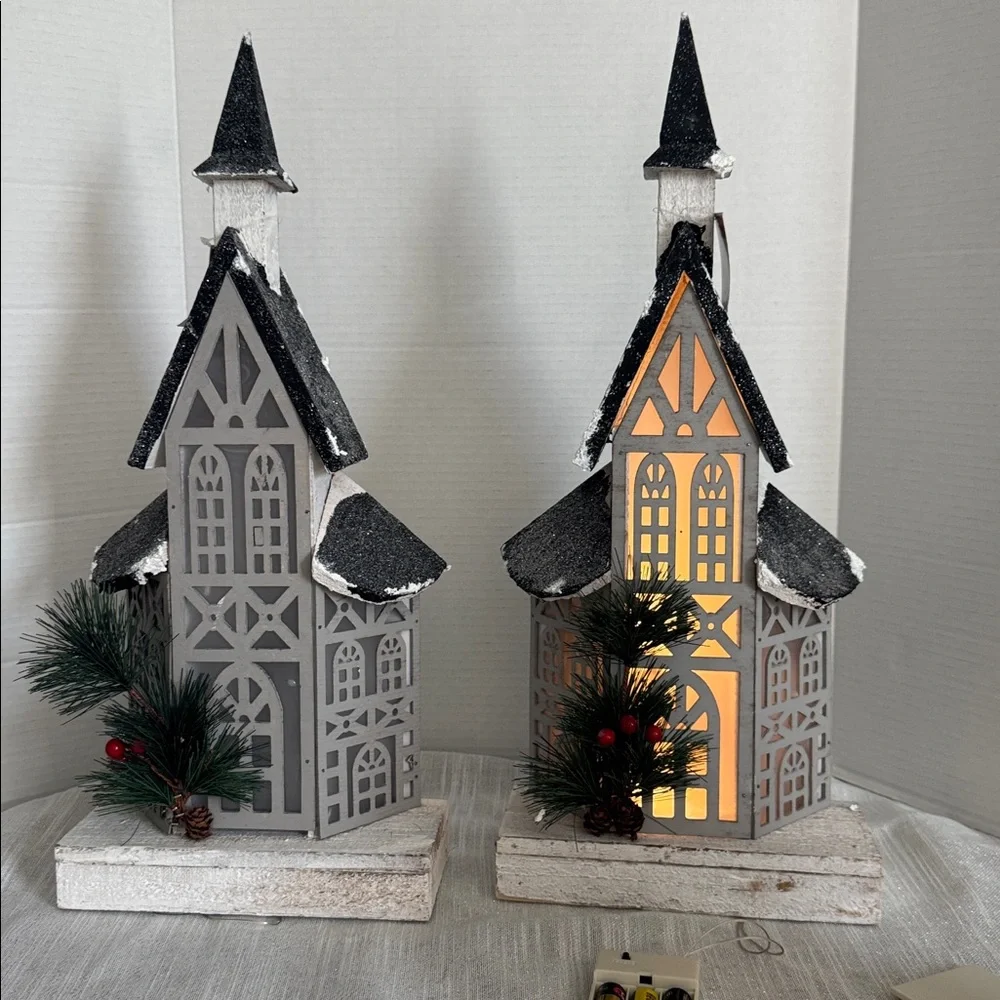 Wooden Church Christmas Decorations lights up white, Gray and Black Pinecone new