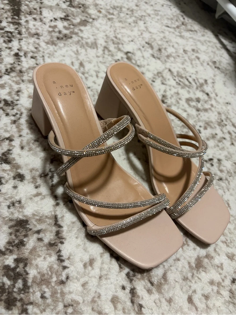 a new day Blush Nude Rhinestone Strappy Block Heel Sandals