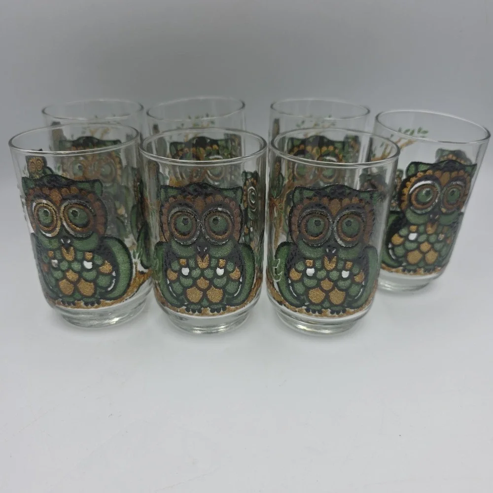 Vintage Libbey Owl Glasses Set Of 7 10 Oz Tumblers Mid Century Barware