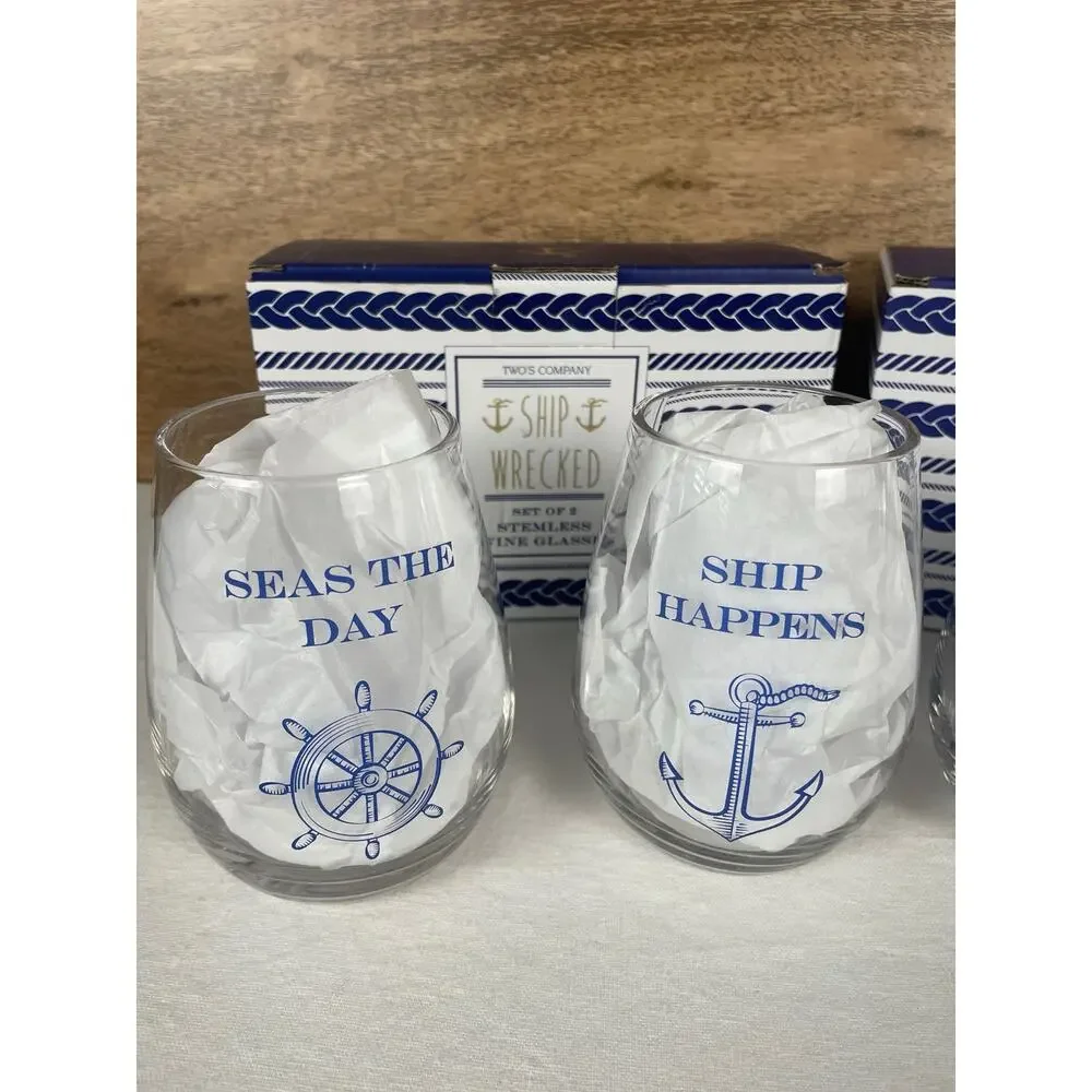 Two's Company Ship Wrecked Stemless Wine Glasses Set 4 Nauti Girl Bad Buoy New