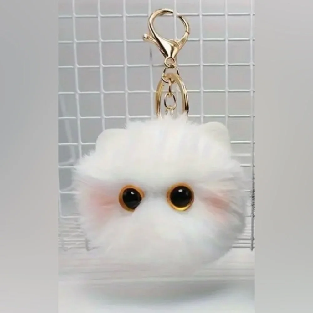 Fluffy Cat White Pompom Key Ring Purse Charm Kitty Cat