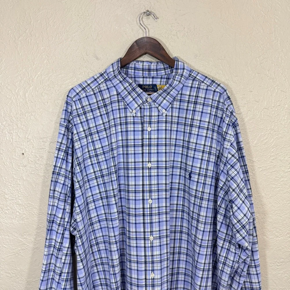 Polo Ralph Lauren‎ Dress Shirt 4XB Blue Plaid Stretch Tech Preppy Classic Career