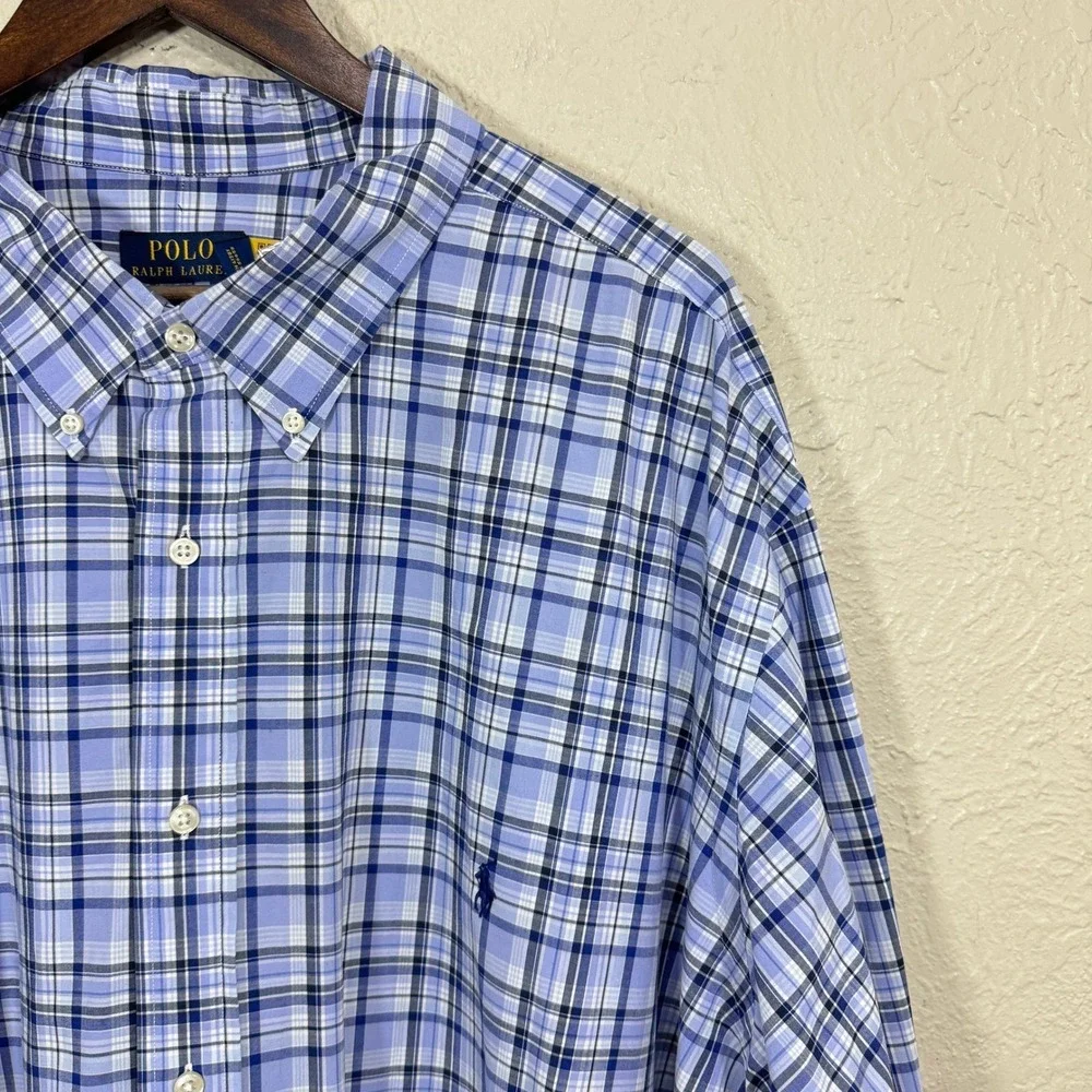 Polo Ralph Lauren‎ Dress Shirt 4XB Blue Plaid Stretch Tech Preppy Classic Career