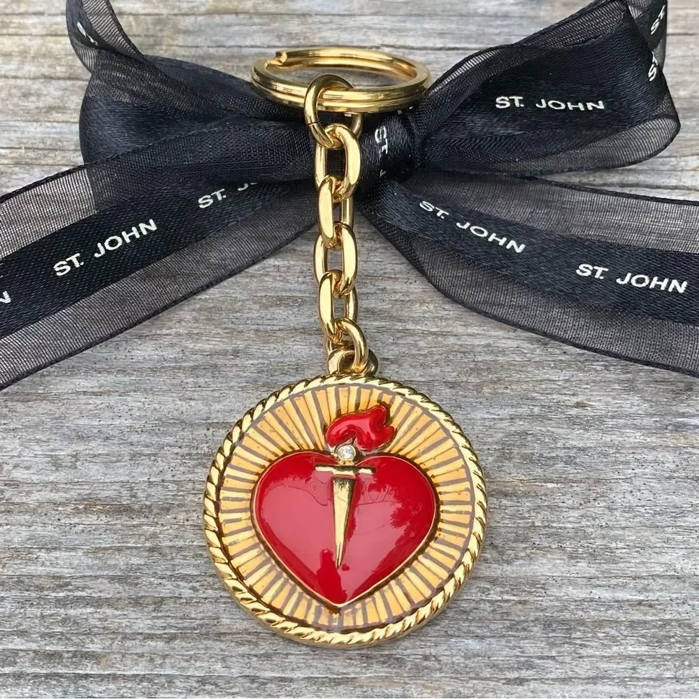 St. John Knits Gold & Red Logo Heart Key Chain/Bag Charm. New Designer Luxury