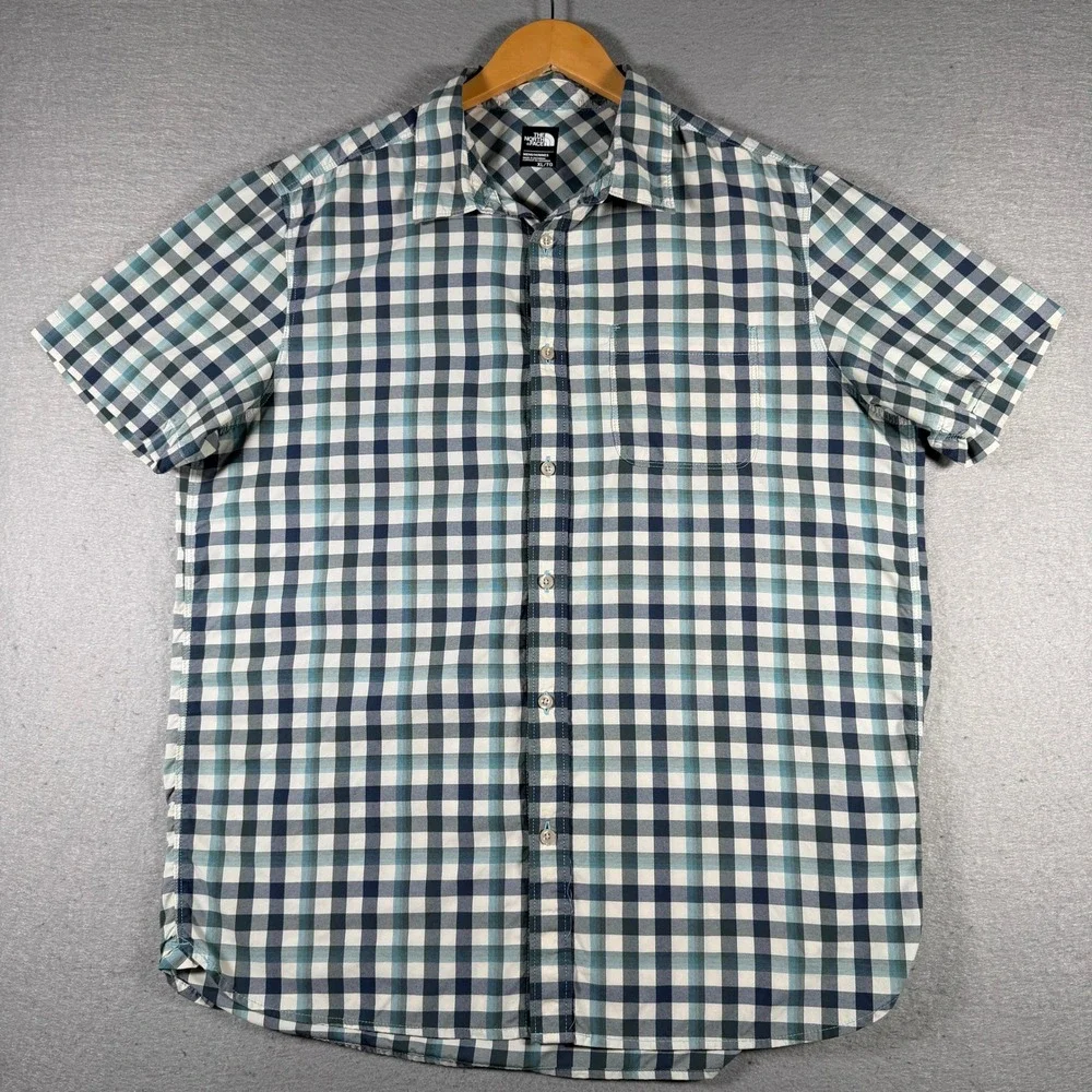 The North Face Mens XL‎ Blue Gingham Plaid Short Sleeve Nylon Shirt NF0A2UMR S17