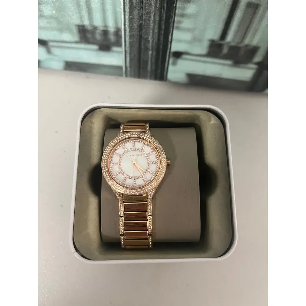 Michael Kors MK3313 Womens Gold Crystal Watch White MOP Dial Stainless Steel