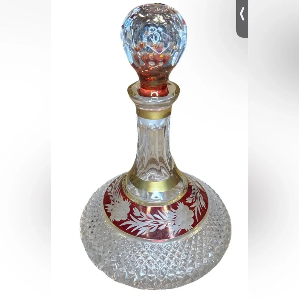 Vintage Golden Crown E&R Hand Cut Lead Crystal Brandy Decanter Ruby Red Overlay