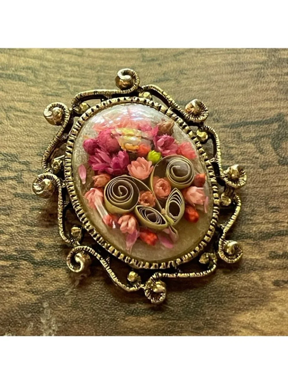 Vintage Floral Brooch Pendant Dried Paper Quilling Flowers Victorian Revival