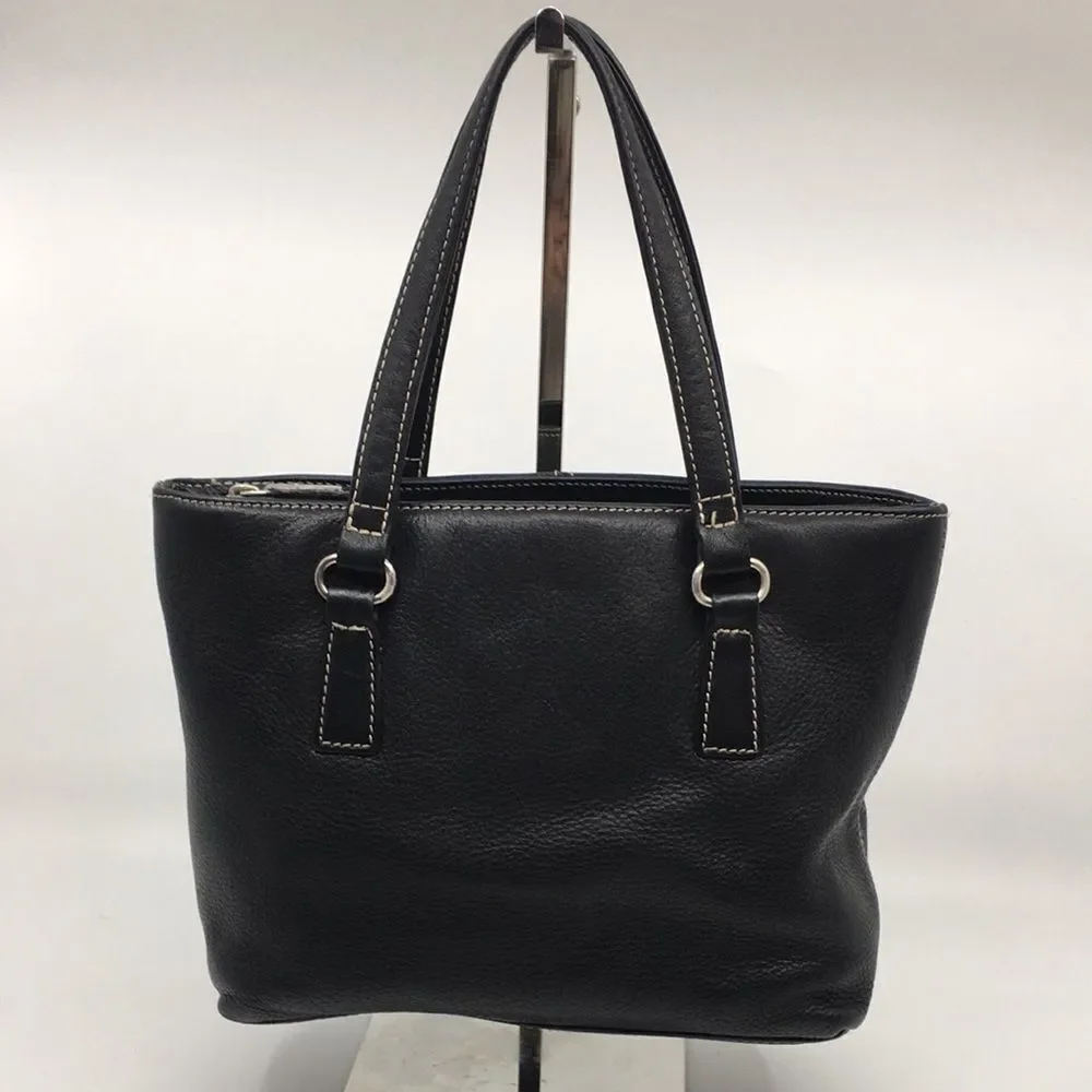 Vintage Fossil Black Leather Compact Satchel Bag with contrast cream stitching