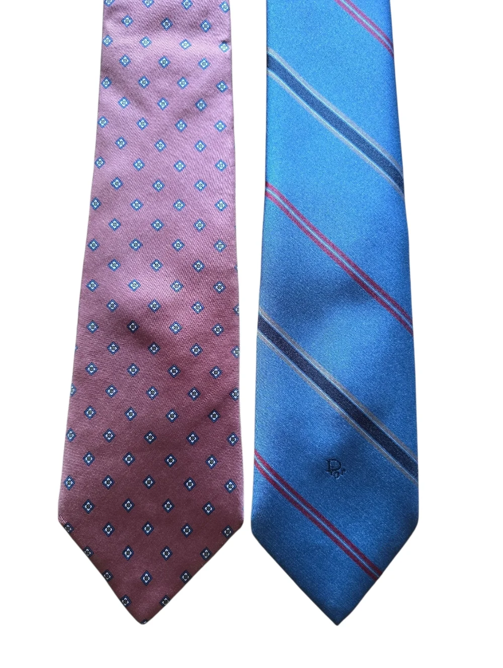 Christian Dior Neckties Set Of 2 Mauve Blue Stripes Diamonds
