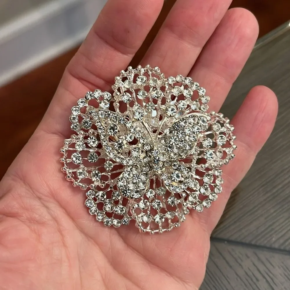 Vintage Style Rhinestone Brooch Flower Shape with a Butterfly in the Middle