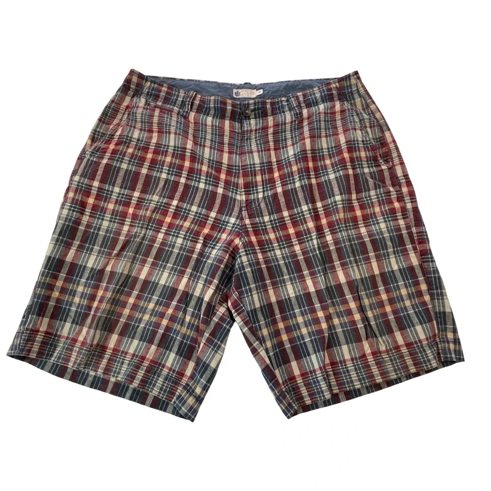 J. Crew Mens Shorts‎ 36 Plaid Madras Linen Cotton Blend Red Blue Tan Casual Prep