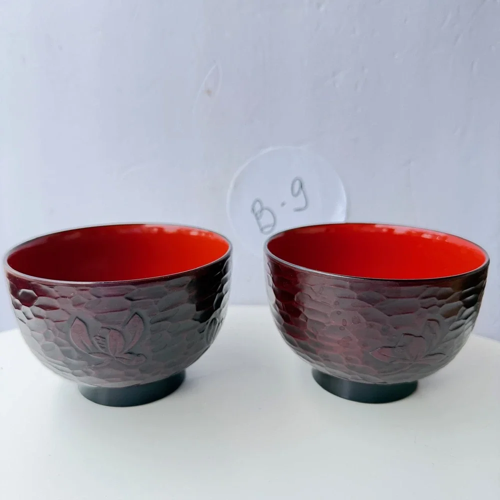 Set of 2 Japanese Lacquerware Soup Bowls Hammered Texture Floral Design B-9
