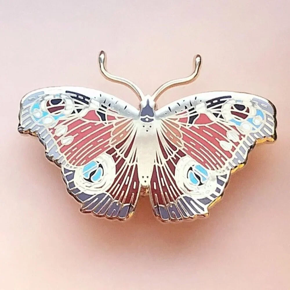 European Peacock Butterfly Enamel Pin - Gold‎ Plated Nature Jewelry & Brooch