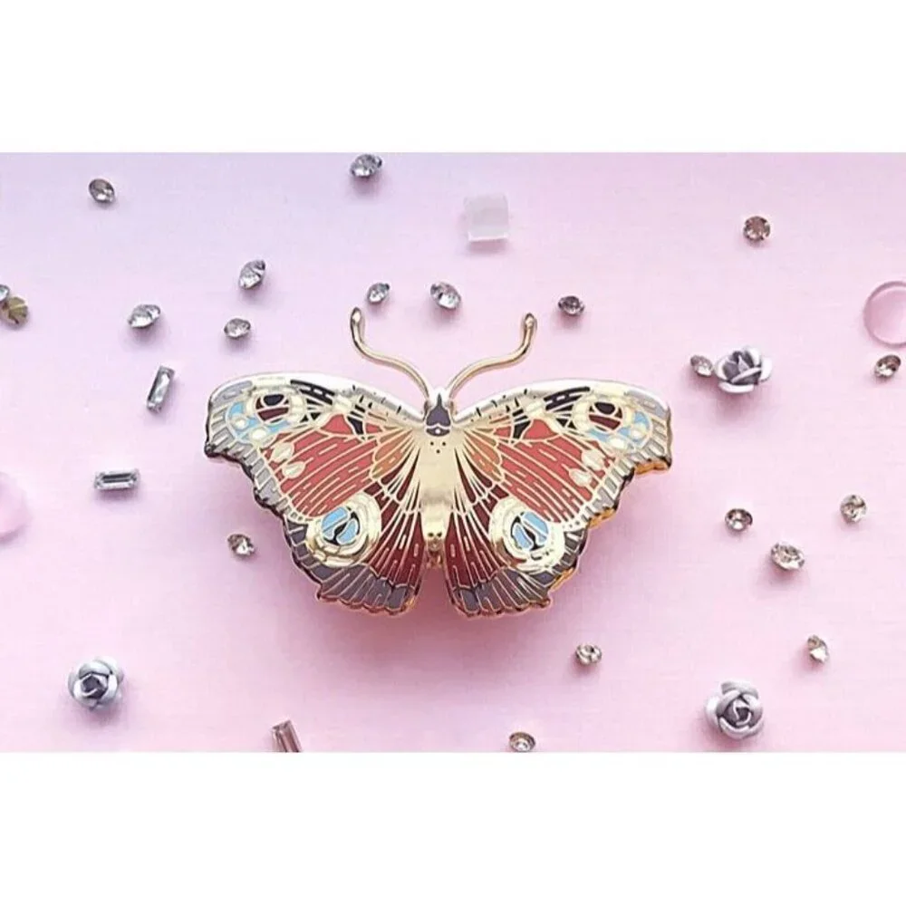 European Peacock Butterfly Enamel Pin - Gold‎ Plated Nature Jewelry & Brooch