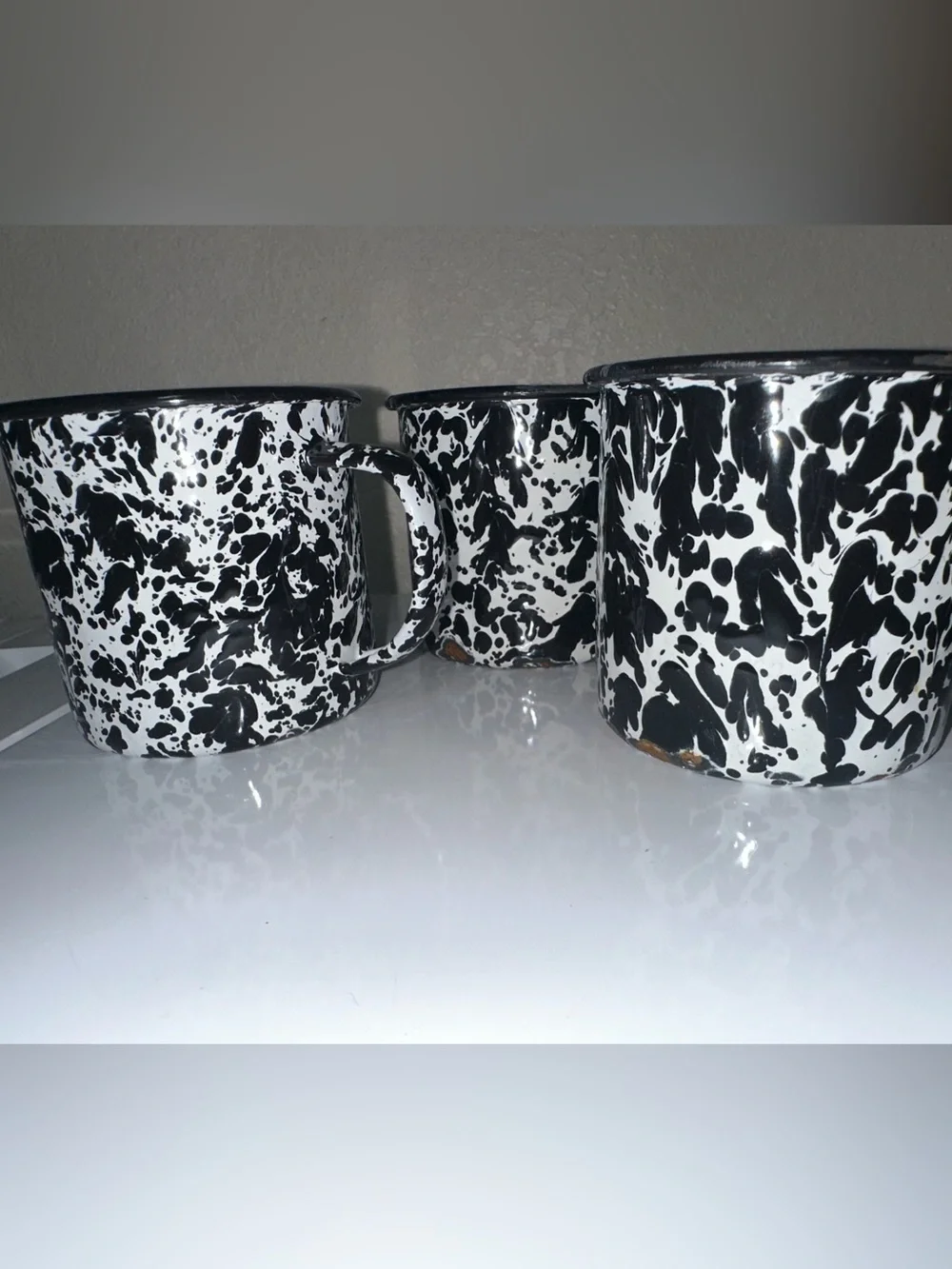 Lot of 3 Graniteware Speckled Black/White Enamel Mugs w/ Wear - Primitive