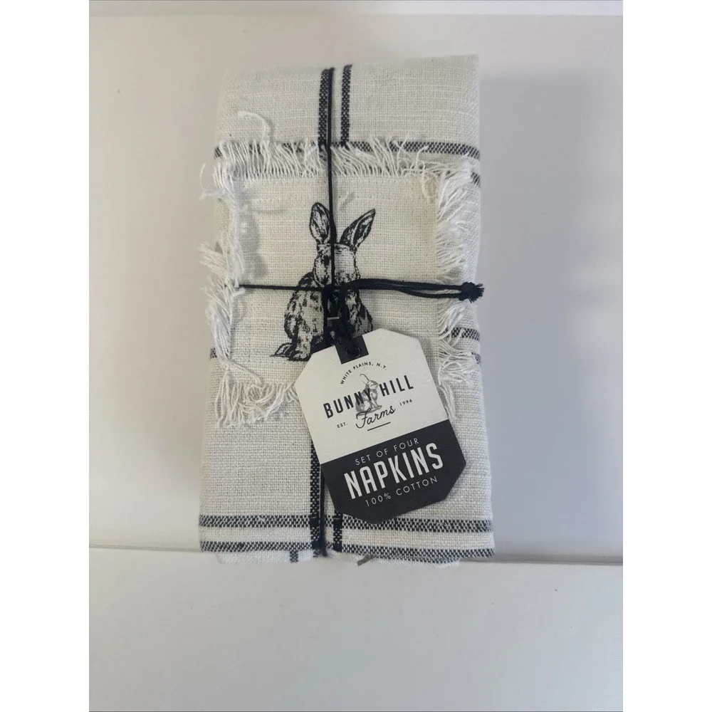 x4 BUNNY HILL FARMS NEW!!! EASTER Napkins Fringe‎ Cotton Plaid Cream Black CUTE!