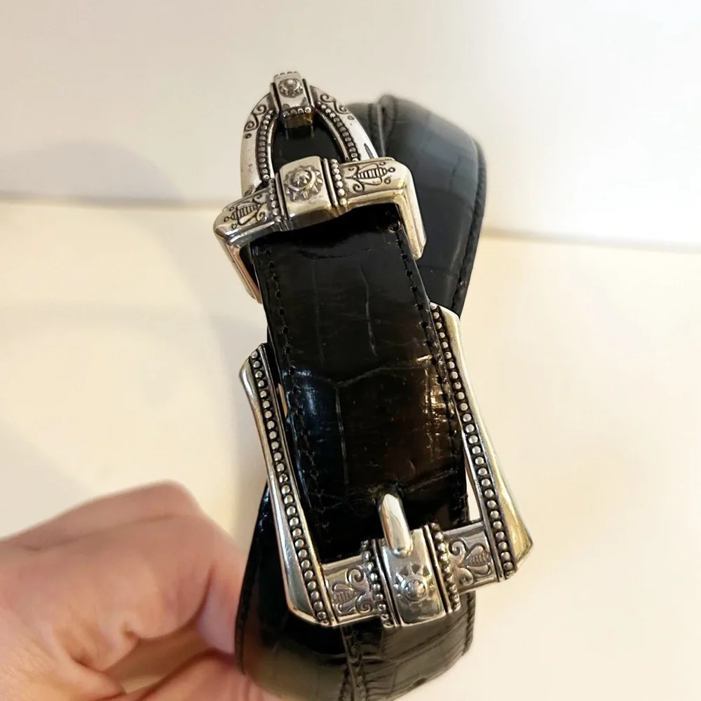 VTG Brighton Croc-embossed Black Leather Belt Western-style Silver Buckle ML 32